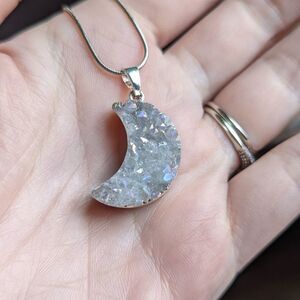 Crescent moon aura druzy crystal silver necklace